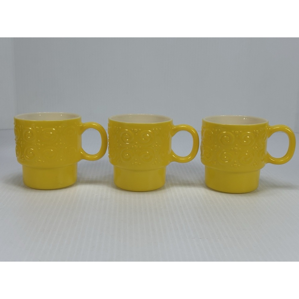 3 Vintage Hazel Atlas Embossed‎ Bright Yellow Stackable Milk Glass Coffee Mugs
